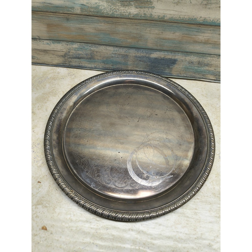 Vintage Silver Plated Tray Embossed Circle Platter Plate Made in Hong Kong